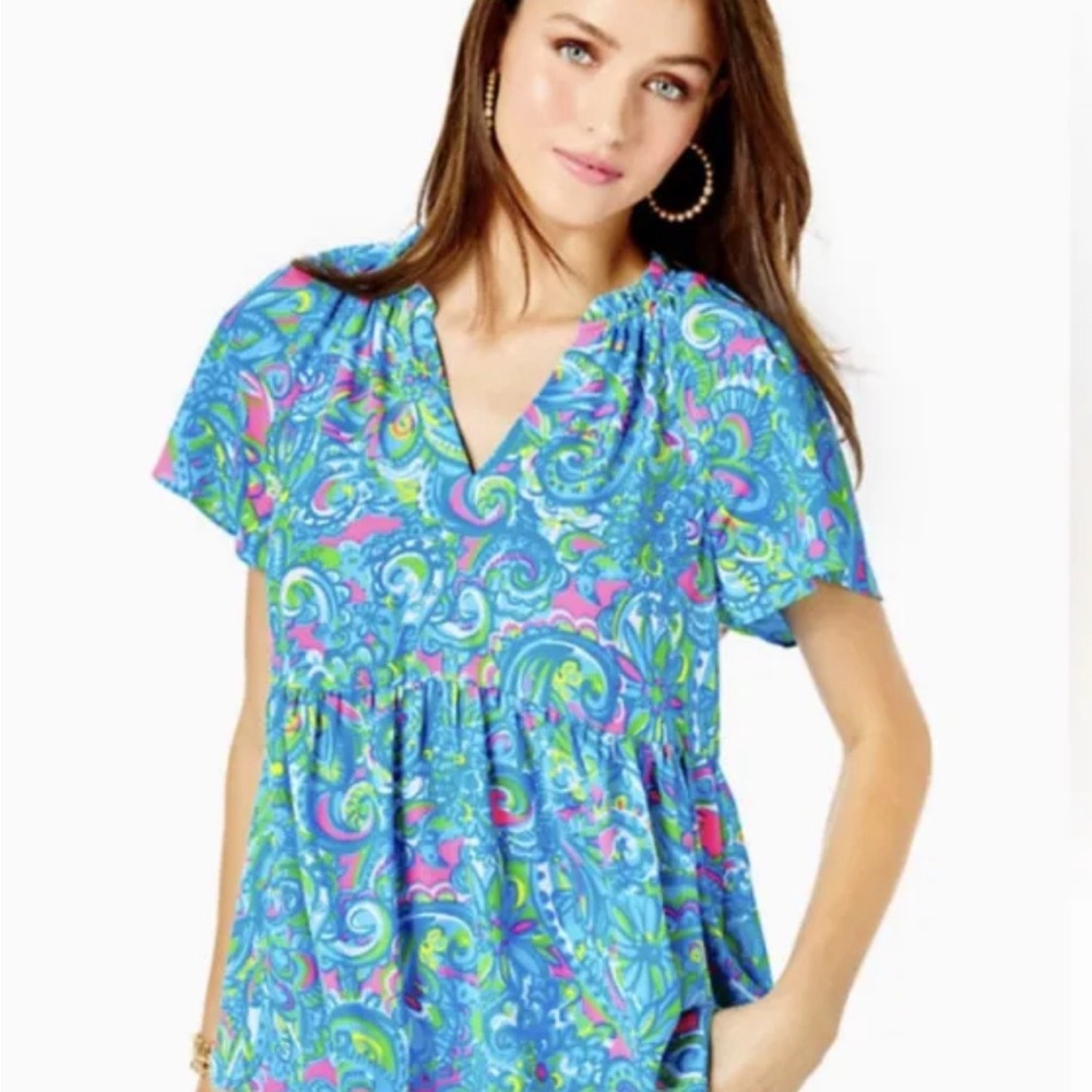 Lilly Pulitzer Blue Multi Paisley V-Neck Short Sleeve Blouse